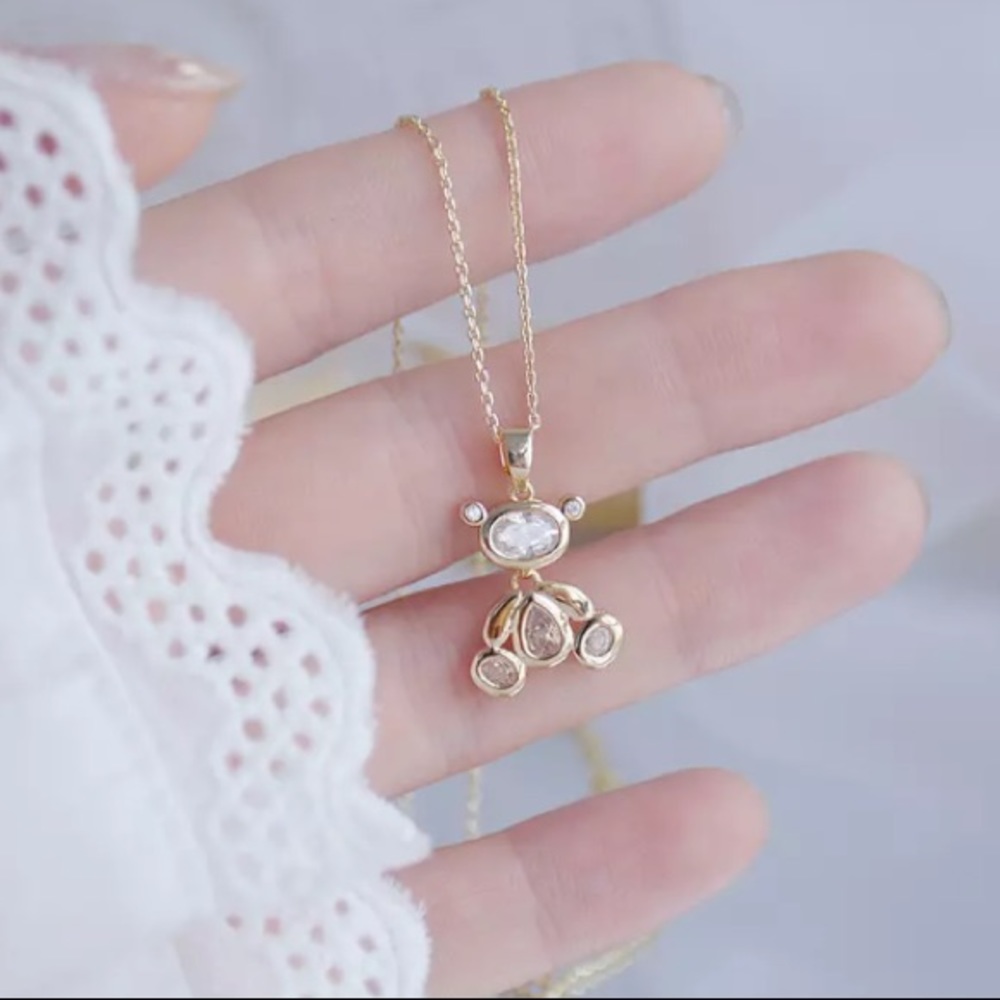 18k YG Plated Sterling Silver Teddy Bear Zircon Diamond Necklace